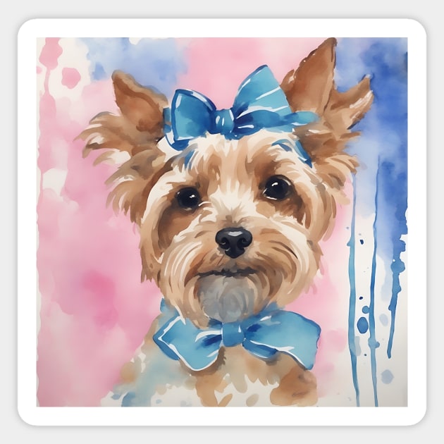 Cute preppy Terrier with blue bows watercolor painting Sticker by SophieClimaArt